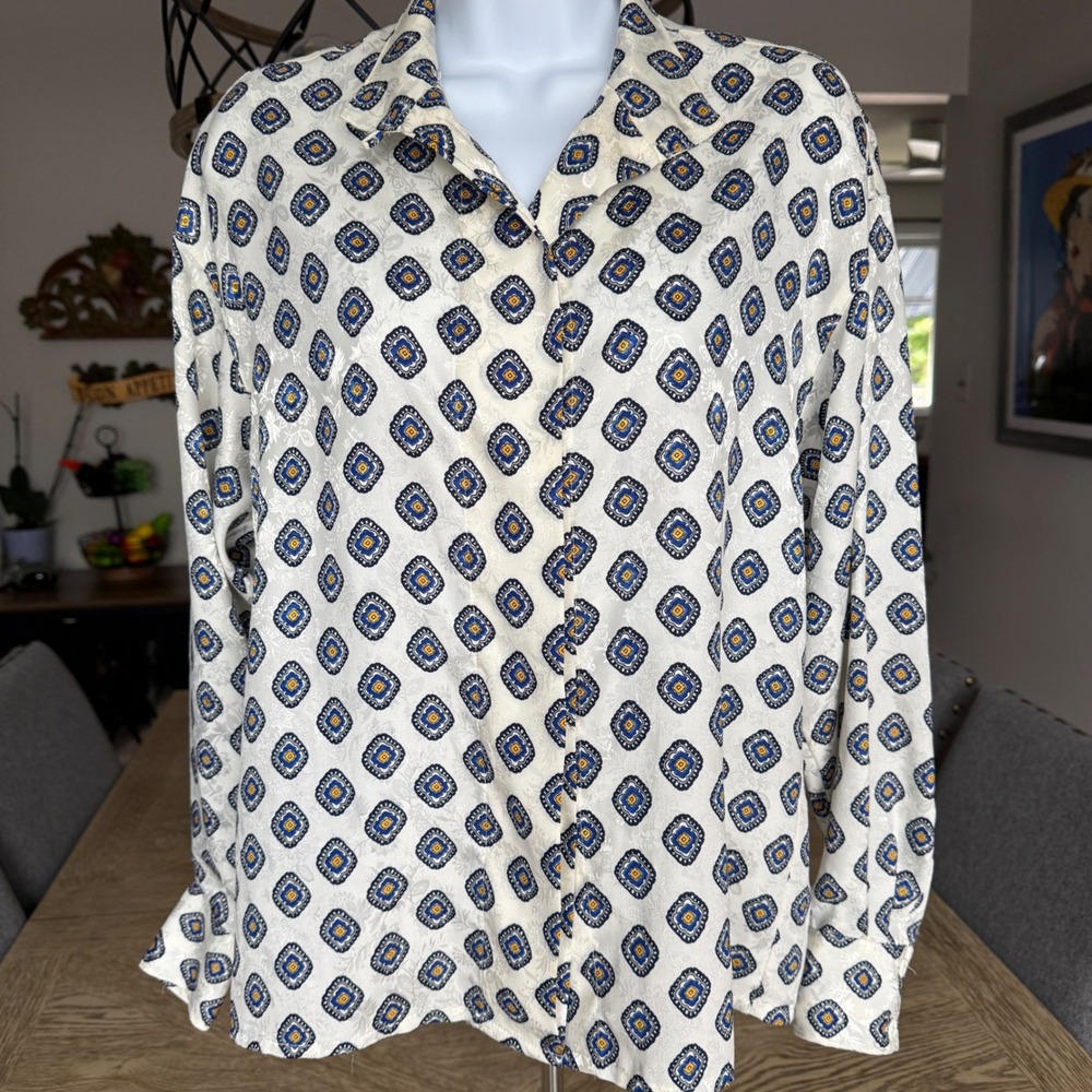 Christian Dior Vintage Geometric Medallion Jacquard Blouse Ivory Navy Yellow 4 - Picture 3 of 16